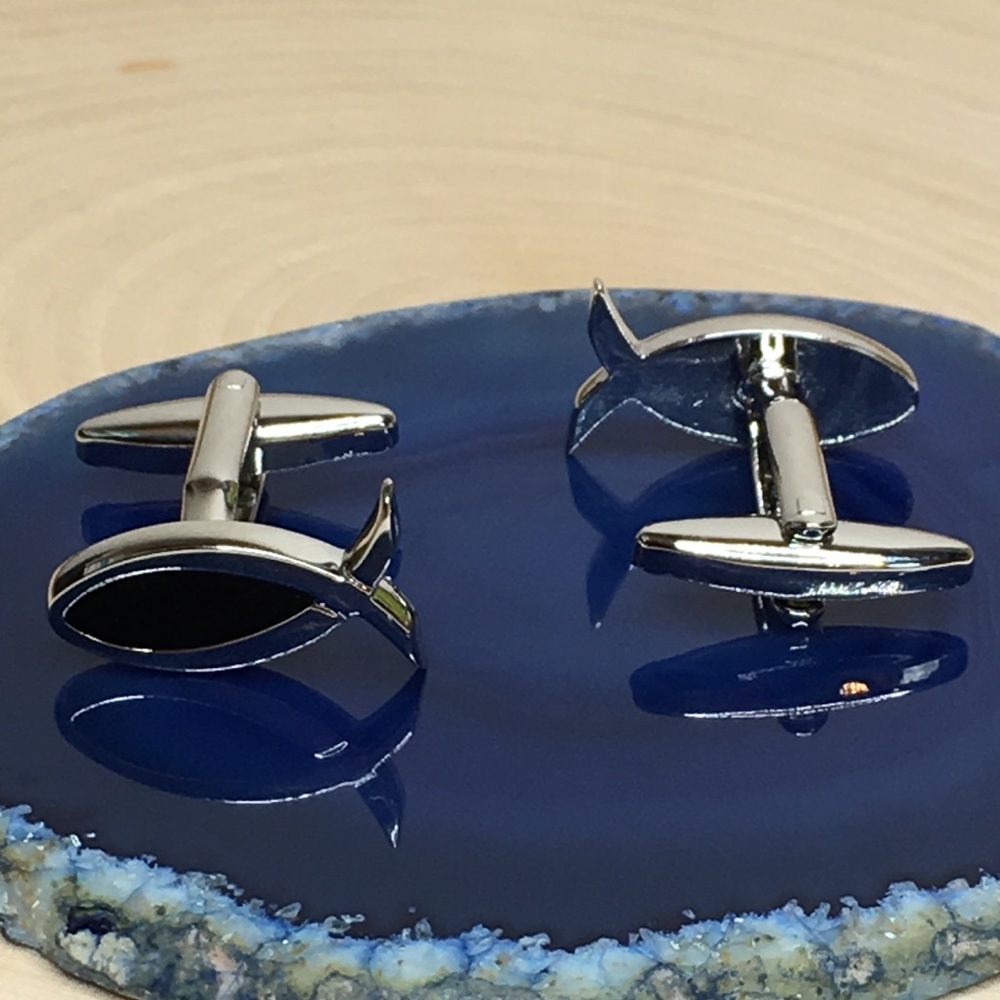 Fish Cufflinks Religious Silver with Black Enamel - Picture 5 of 8